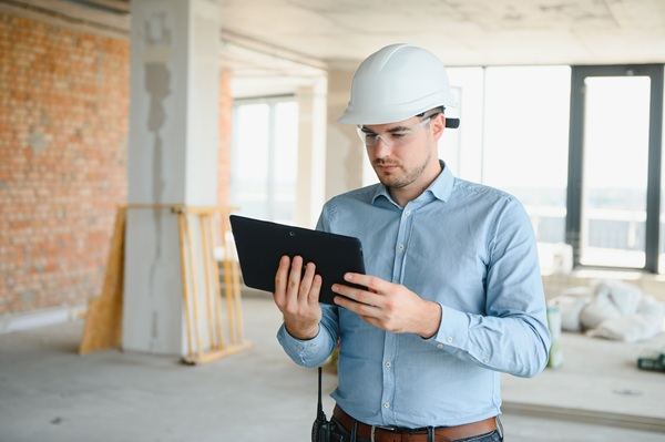 Contrôleur technique sur un chantier avec une tablette